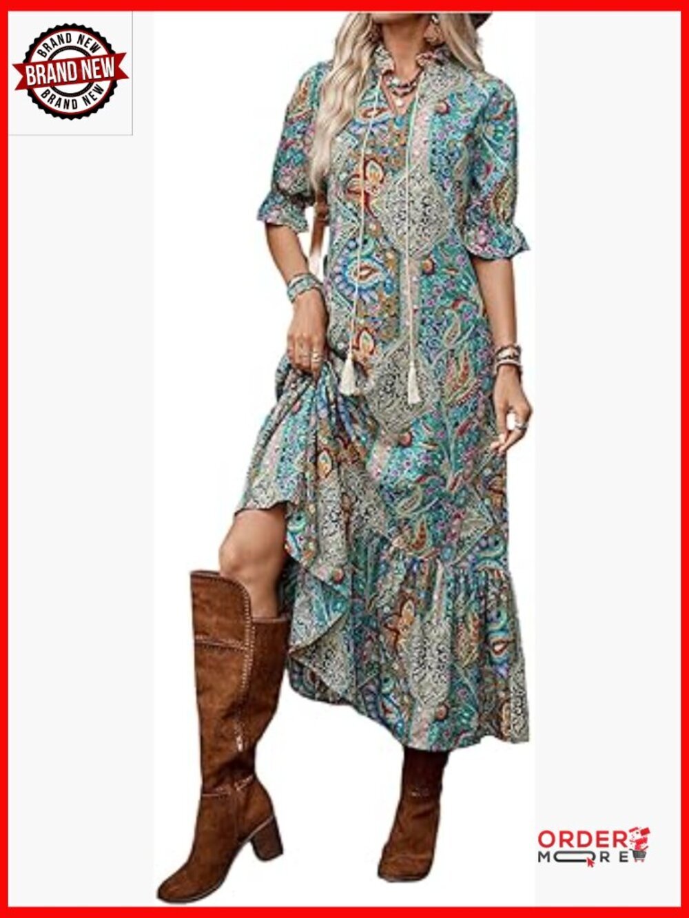 Western Cowgirl Paisley Maxi Dress Boho 3/4 Sleeve Sundress Summer Festival